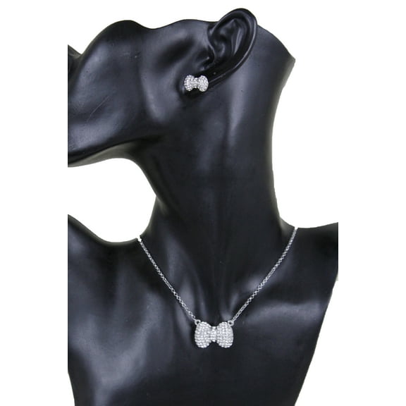 Nee Women Silver Metal Chain Bow Tie Charm Pendant Fashion Jewelry Ribbon Earrings Set