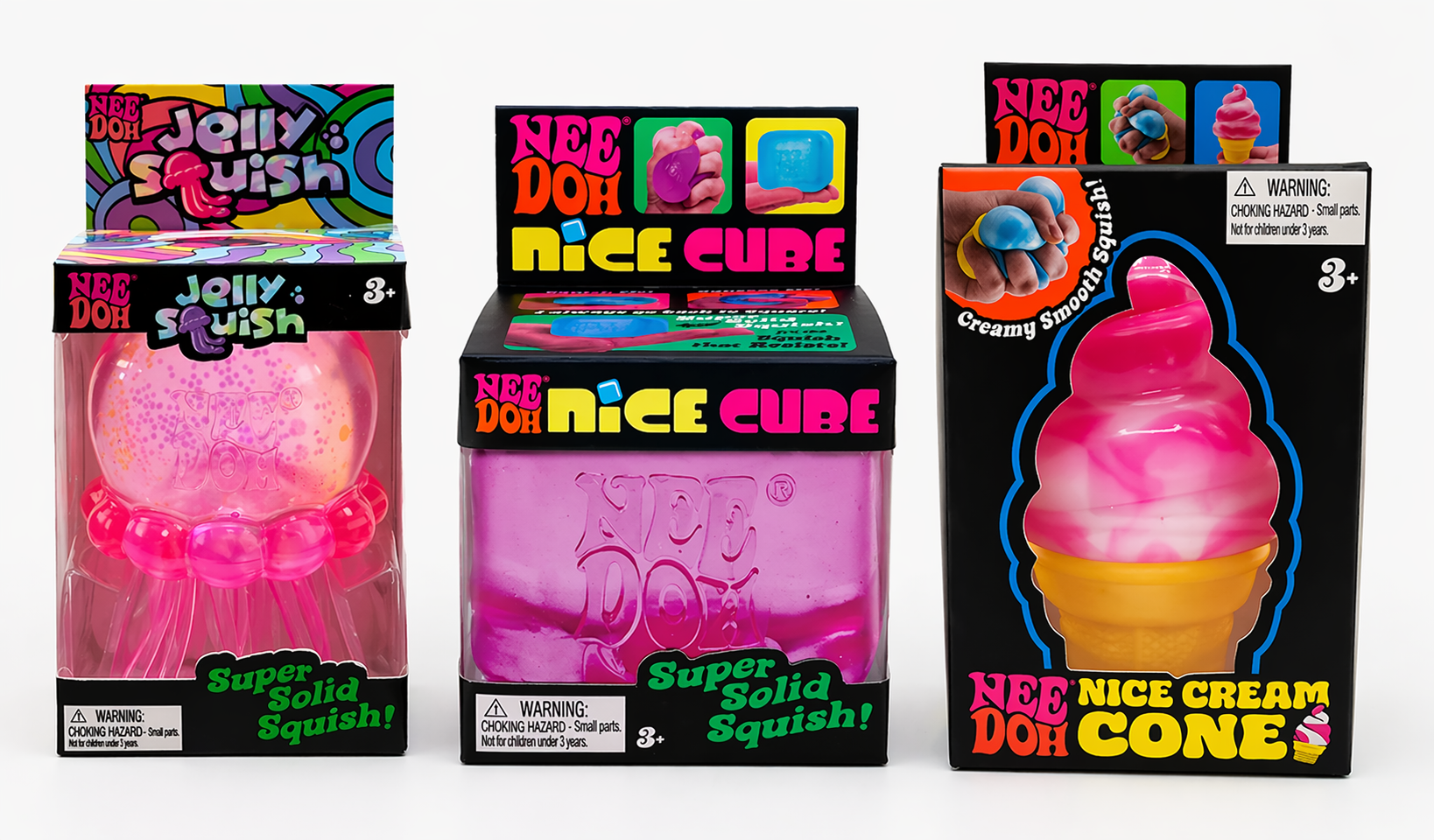 Nee doh All pink squish, cone, cube, 1 of each