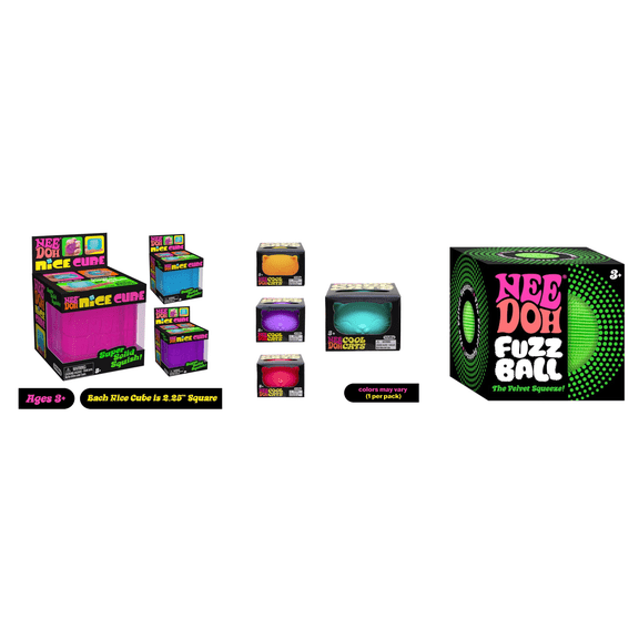 Nee doh Nice Cube + Cool Cats + Fuzz Ball, 1 of each. RANDOM COLORS.