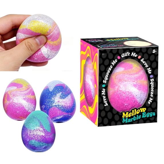 NeeDo Mellow Marble Easter Eggs Stress Balls - Pack of 3, 2.5" Glitter Easter Basket Stuffers, Squeeze Sensory Toys, Soft Slow Rising Easter Egg Shape Stress Toys