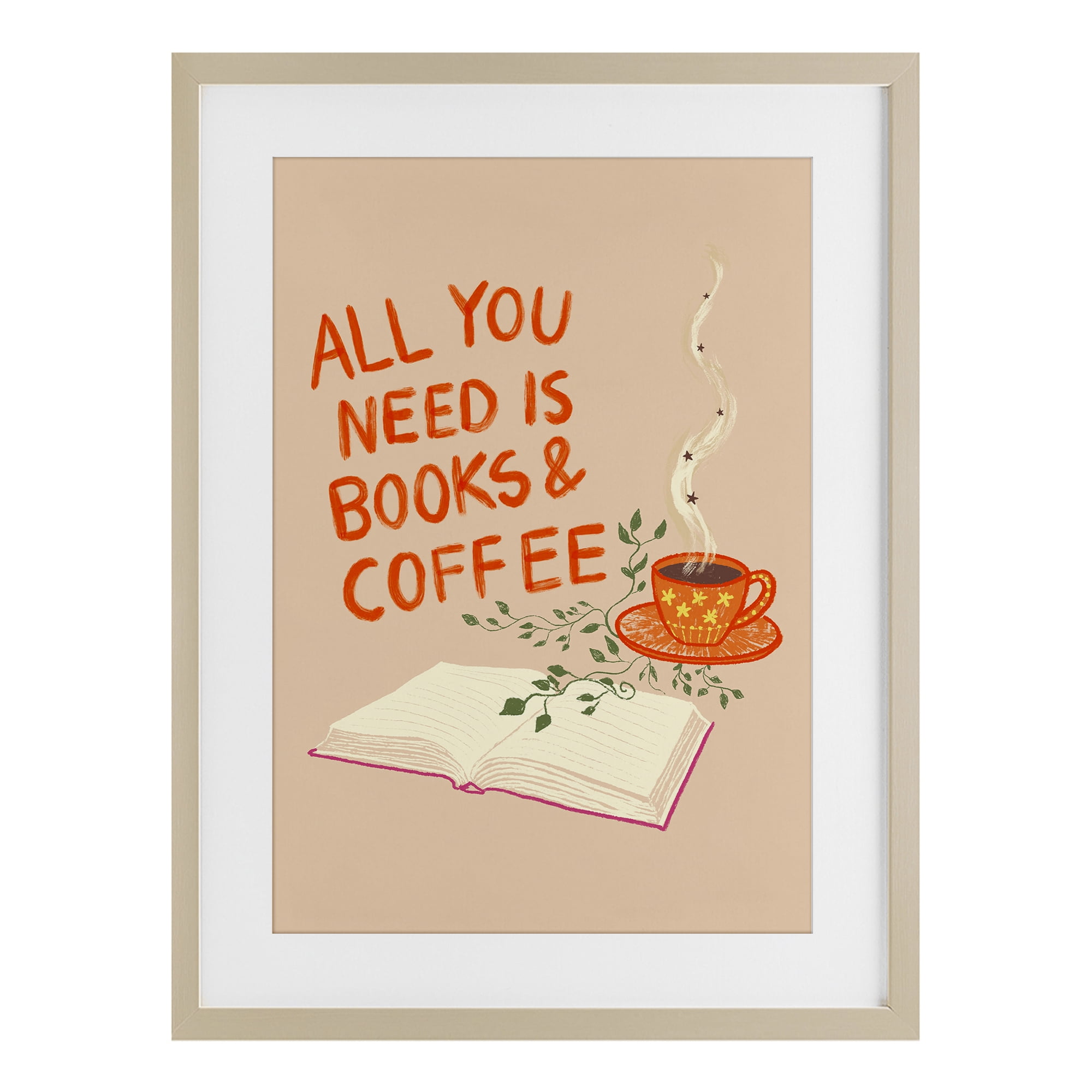 Need Books & Coffee Birch Framed Print Under Glass, design by Florentina Dolci