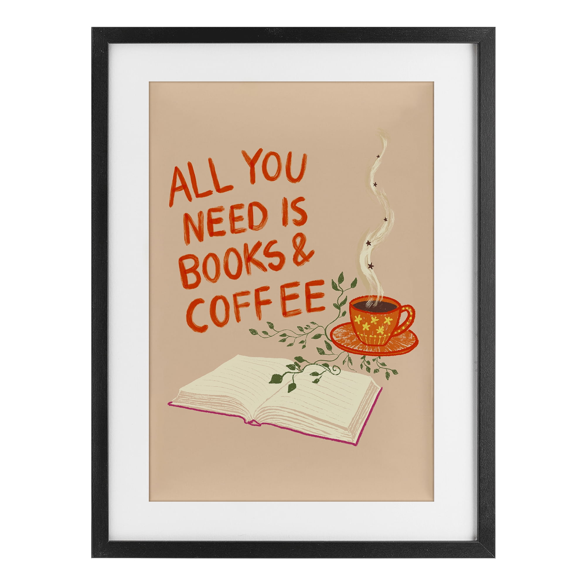 Need Books & Coffee Black Framed Print Under Glass, design by Florentina Dolci
