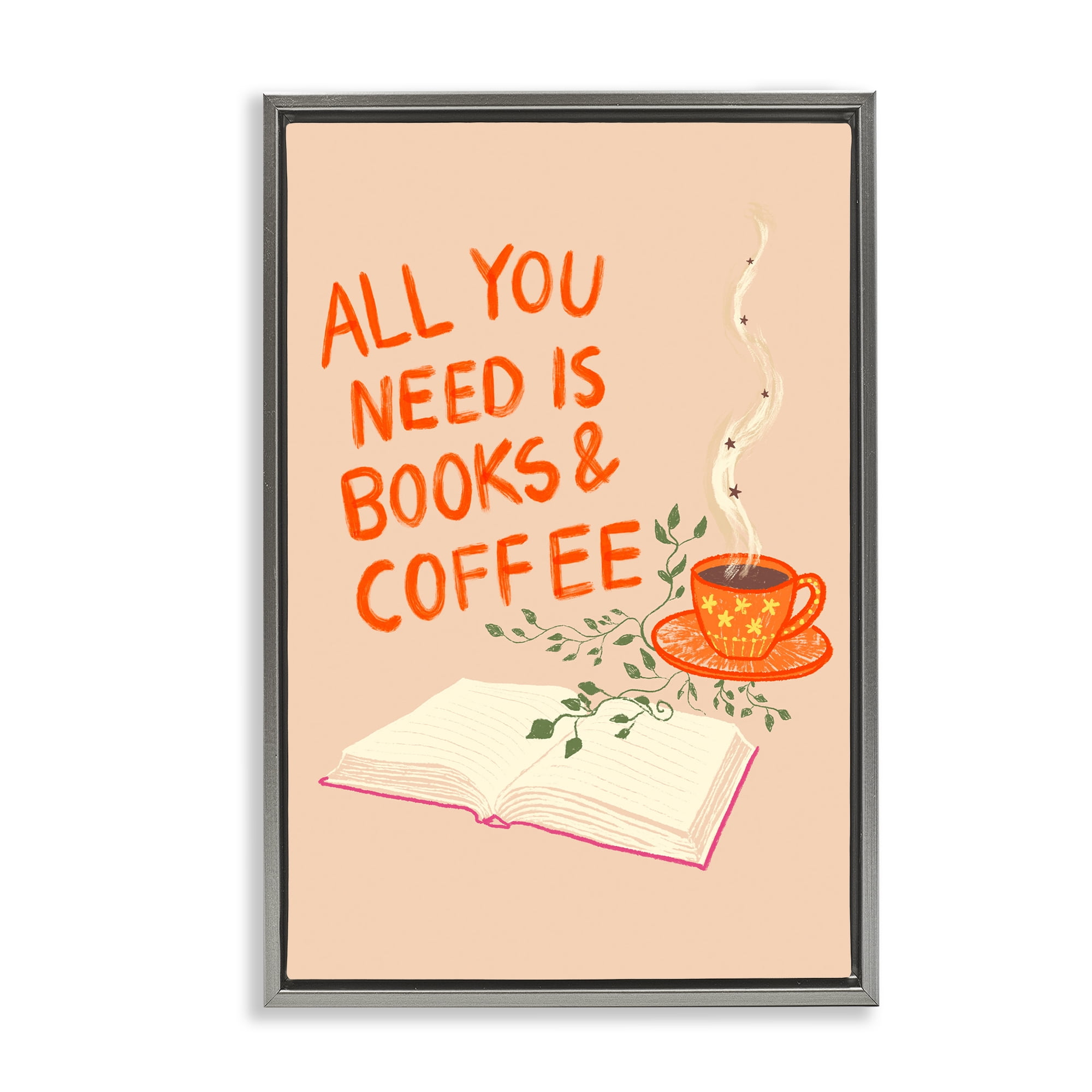 Need Books & Coffee Gray Framed Floater Canvas Wall Art, design by Florentina Dolci