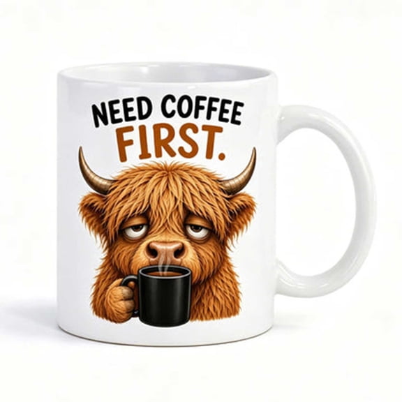 Need Coffee First Mug, Funny Cow Ceramic Drink Cup, 11oz Coffee Tea Beverage Container, Home Office Gift Mug Design, Durable Printed Coffee Cup Long Lasting