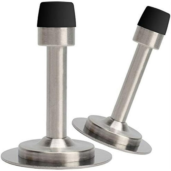 No Need to Drill/Screw in Wall Mounted Door Stopper, 3M Self Adhesive Tape Stainless Steel Doorstops, Rubber Bumper Tip, Pack of 2 Wall Protector Bedroom Door Stops, 3 Inches Height, Silver