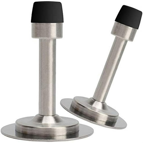 No Need to Drill/Screw in Wall Mounted Door Stopper, 3M Self Adhesive Tape Stainless Steel Doorstops, Rubber Bumper Tip, Pack of 2 Wall Protector Bedroom Door Stops, 3 Inches Height, Silver