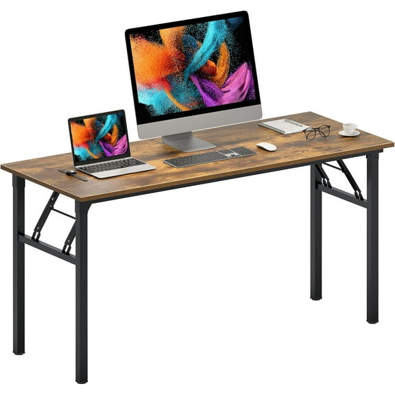 Need Home Office Desk Large Computer Desk 60 inch Sturdy Table Foldable Desk Gaming Computer Table No Assembly Required, Rustic Brown&Black Frame AC5FB(152.4 * 60)