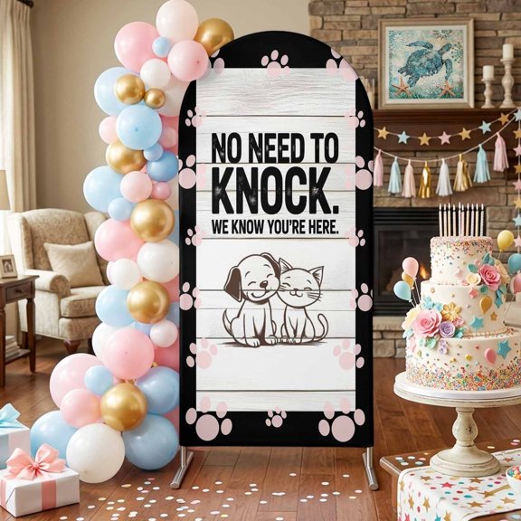 No Need To Knock Arch Backdrop Covers 4 FT, Cute Dog Cat Paw Print Wood Grain White Stretchy Fitted Arched Stand Covers Party Arch Stand Cover Photo Booth for Wedding Birthday Decor