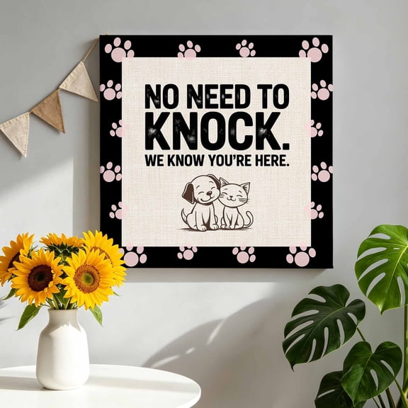 No Need To Knock Canvas Wall Art, Cute Dog Cat Pink Paw Print Border Pictures Wall Decor Wooden Framed Artwork Art Prints for Living Room Hallway Bedroom Office 8"x8"