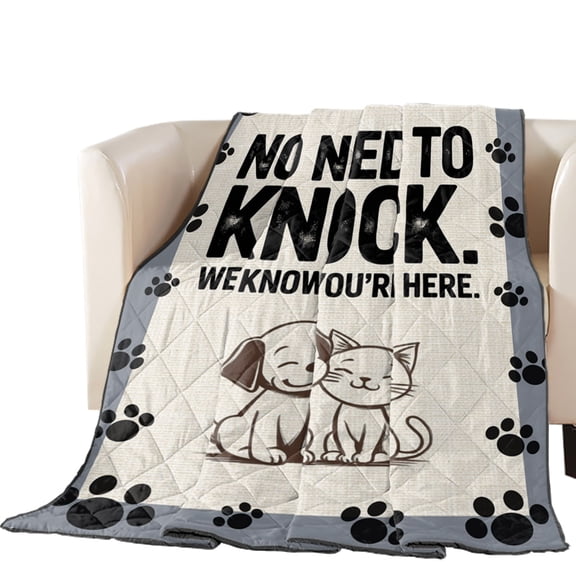No Need To Knock Quilted Comforters Cooling Blanket Full Size, Cute Cute Dog Cat Paw Print Border Gray Cold Comfort for Hot Sleepers Lightweight Air Conditioning Quilt Blanket for Bed