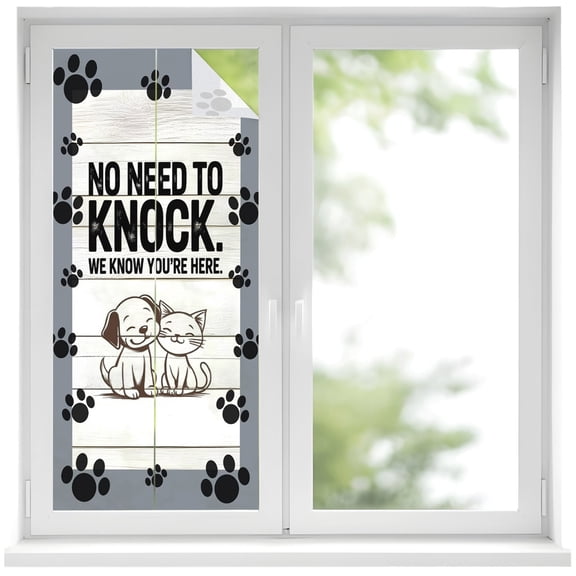 No Need To Knock Window Privacy Film Cute Dog Cat Paw Print Frame Wood Grain Decorative Glass Window Film UV Blocking Static Cling Non-Adhesive Sticker Covering for Home Door 17.7 x 39.3 inches