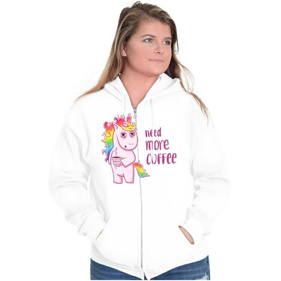 Need More Coffee Groggy Unicorn Zip Hoodie Sweatshirt Women Brisco Brands X