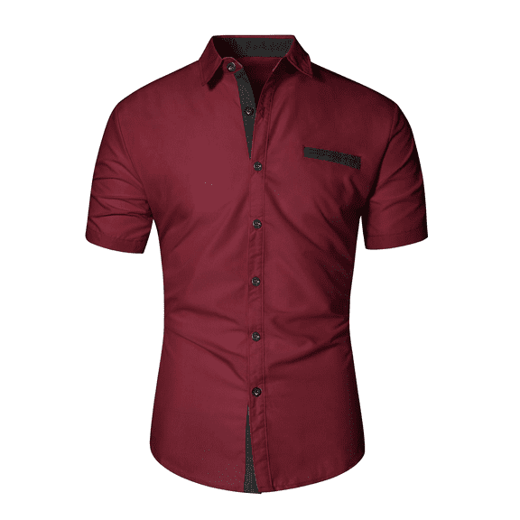 NeedBo Men's Dress Shirts Regular Fit Short Short Sleeve Business Casual Button Down Shirt, Wine Red Size 4XL