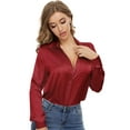 thumbnail image 1 of NeedBo Women's Blouse Satin Silk Button Down Shirts Casual Loose Long Sleeve Office Work Tunic Tops, Wine Red, 1 of 8