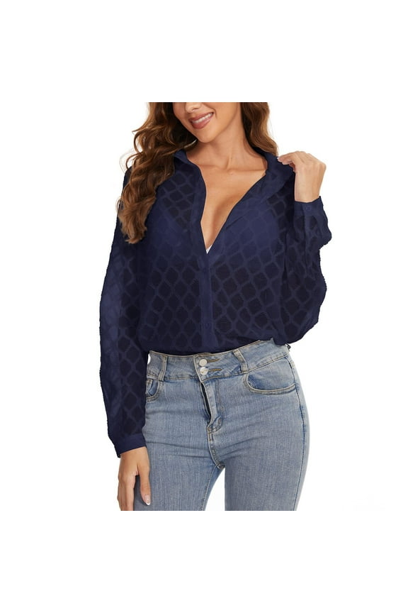 Women's Button Down Long Sleeve V Neck Mesh Shirt See Through Sheer Blouse Tops, Navy XL