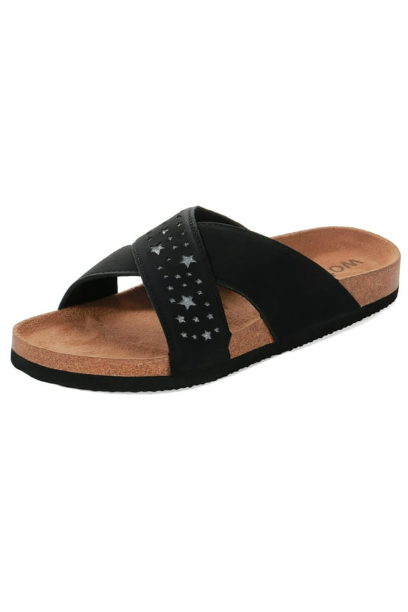 Women's Cork Footbed Flat Slide Sandals with Star Cross Band Upper Cushioned Sole, Black Size 6