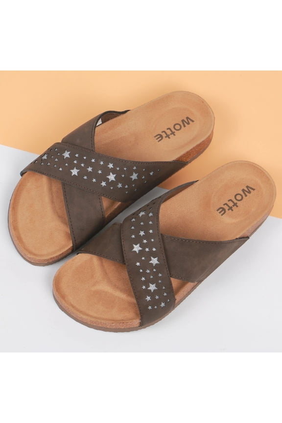 Women's Cork Footbed Flat Slide Sandals with Star Cross Band Upper Cushioned Sole, Brown Size 6