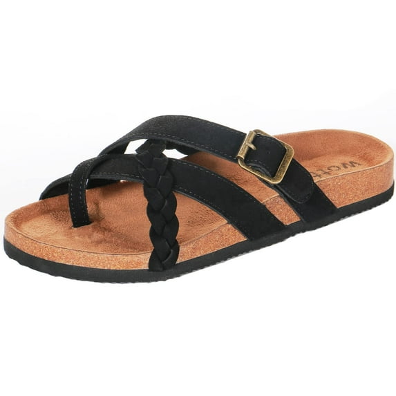 NeedBo Women's Flats Sandals Soft Footbed with Arch Support Wrap Buckle Casual Fashion Slip on Sandals, Black Size 9