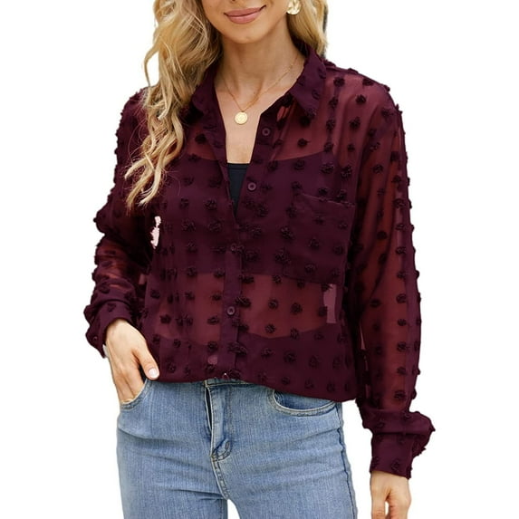 NeedBo Women's Long Sleeve V Neck Button Down Mesh Shirt See Through Sheer Blouse Tops, Wine Red XL