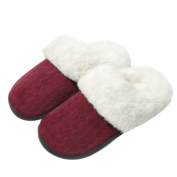 NeedBo Women's Slipper Memory Foam Fluffy Soft Warm Slip On House Shoes, Anti-Skid Cozy Plush for Indoor Outdoor Size 5-5.5, Wine Red
