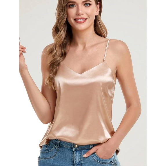 NeedBo Womens Silk Satin Tank Tops V Neck Camisole Sleeveless Blouses Basic Tank Shirt, Champagne M
