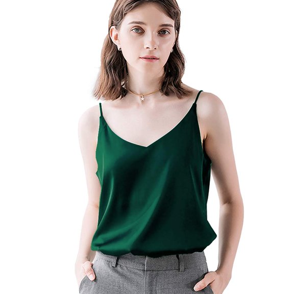 NeedBo Womens Silk Satin Tank Tops V Neck Camisole Sleeveless Blouses Basic Tank Shirt, Dark Green XS