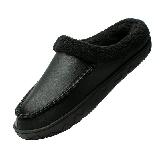 Needbo Men's Moccasin Slippers Faux Leather Fuzzy Lined House Shoes Warm Memory Foam Indoor Outdoor Black, Size 11-12
