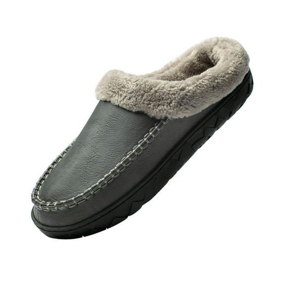 Needbo Men's Moccasin Slippers Faux Leather Fuzzy Lined House Shoes Warm Memory Foam Indoor Outdoor Grey, Size 15-16