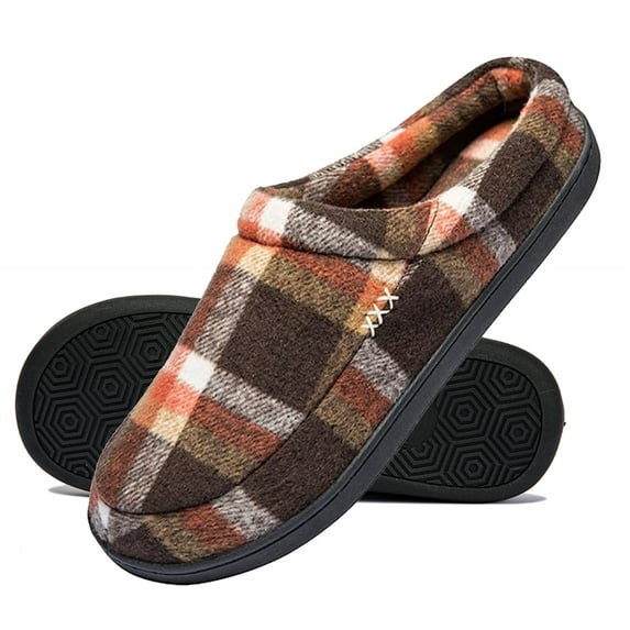 Needbo Men's Moccasin Slippers Plaid Microsuede Upper House Shoes Plush Lining Indoor and Outdoor Brown Plaid, Size 8-8.5