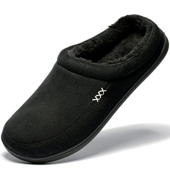 Needbo Men's Slippers Memory Foam Suede Plush Shearling Lined Warm Winter Indoor Outdoor Clog Bedroom House Slippers Slip on Shoes Black, Size 9-10