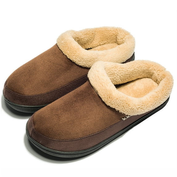 Needbo Men's Slippers Memory Foam Suede Plush Shearling Lined Warm Winter Indoor Outdoor Clog Bedroom House Slippers Slip on Shoes Coffee, Size 10.5