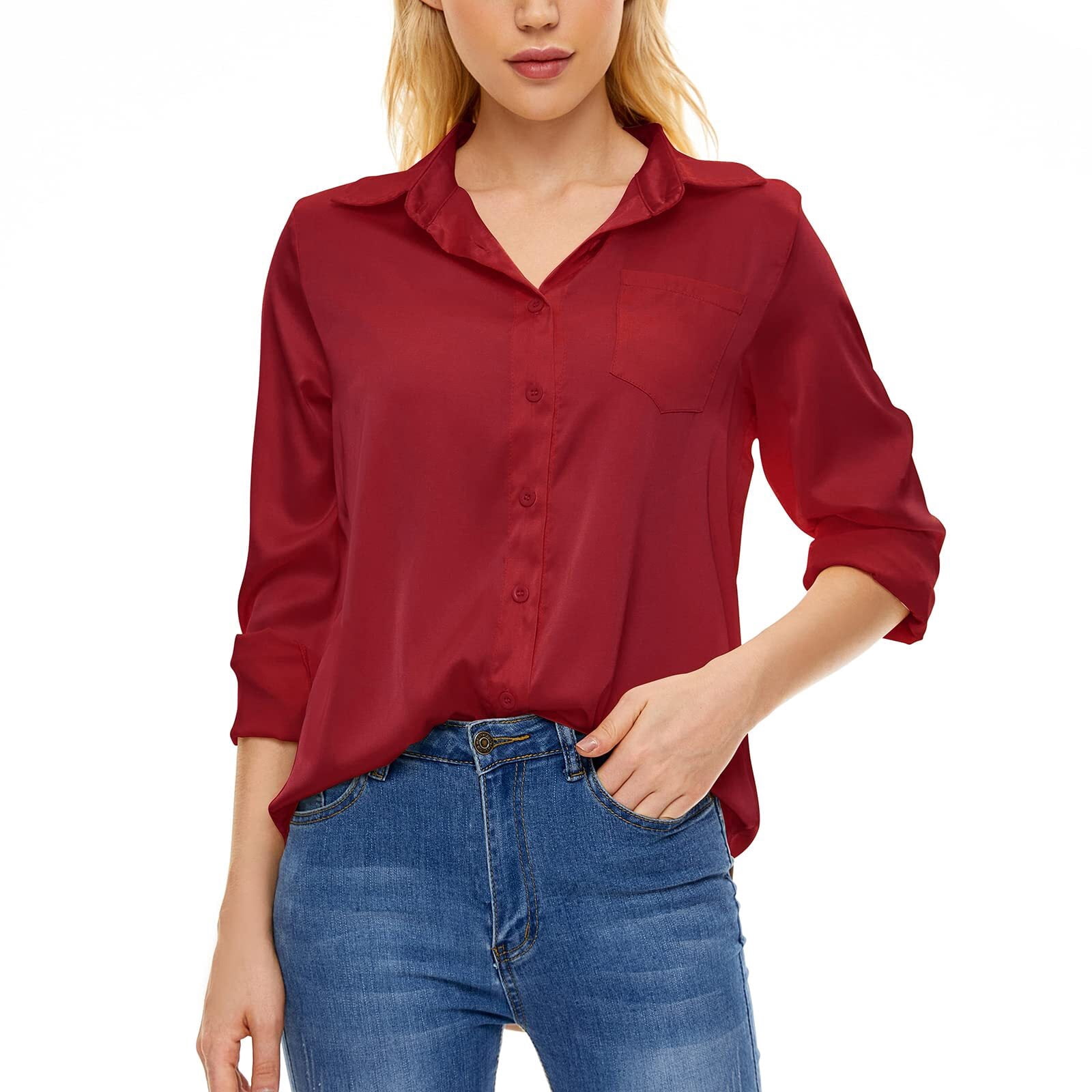 Elegant Satin Ribbon Blouse — Long Sleeve Button-Down Work Shirt