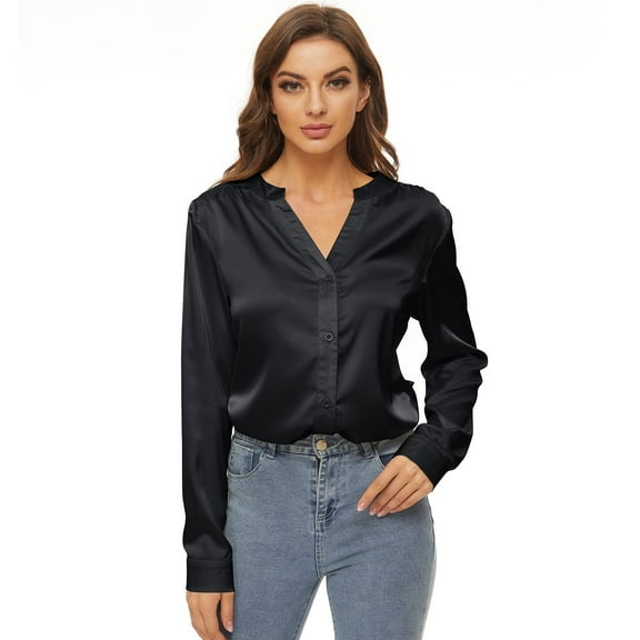 Needbo Women's Blouse Satin Silk Shirts V Neck Long Sleeve Button Down Shirts Office Work Tunic Tops, Black XXL