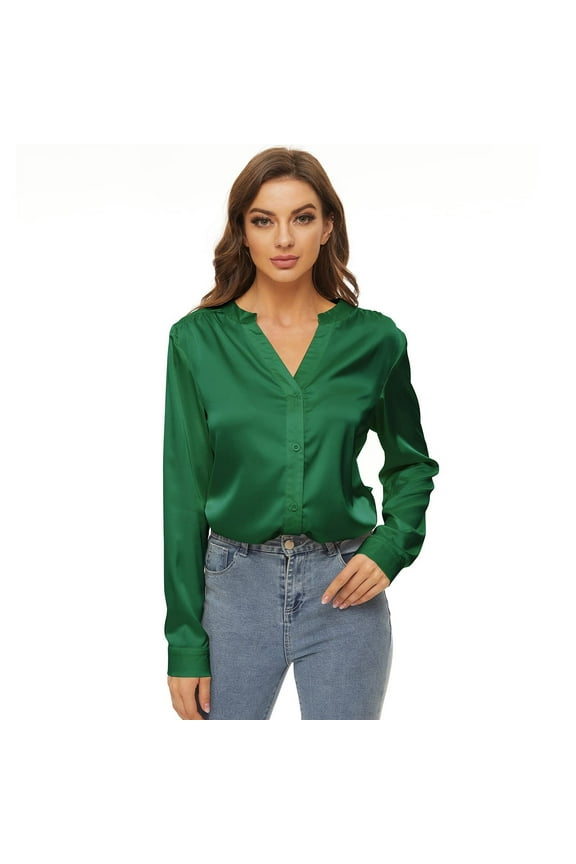 Women's Blouse Satin Silk Shirts V Neck Long Sleeve Button Down Shirts Office Work Tunic Tops, Green XS