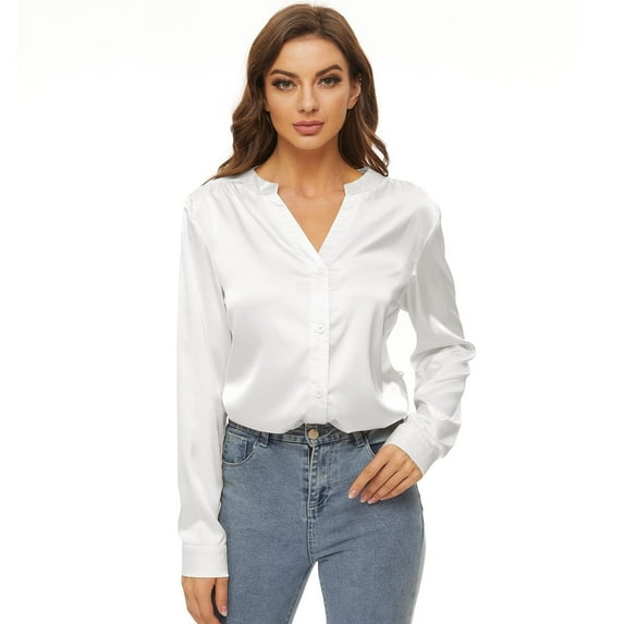 Needbo Women's Blouse Satin Silk Shirts V Neck Long Sleeve Button Down Shirts Office Work Tunic Tops, White 3XL