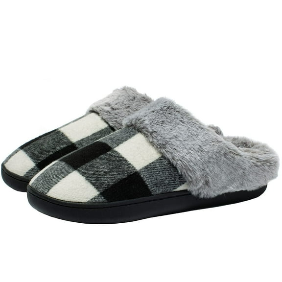 Needbo Women's Slippers Cozy Fuzzy Plaid Slip On Memory Foam House Shoes Indoor Outdoor