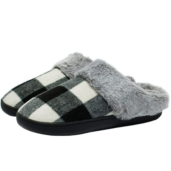Needbo Women's Slippers Cozy Fuzzy Plaid Slip On Memory Foam House Shoes Indoor Outdoor
