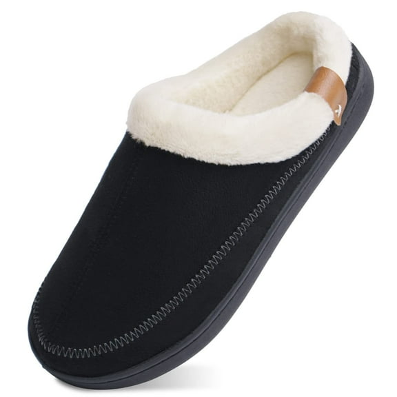 Needbo Women's Slippers Double-Tone Suede Faux Fur Lining Memory Foam Slip-On House Shoes Indoor Outdoor Black, Size 12-13