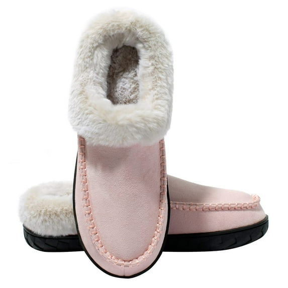Needbo Women's Suede Moccasin Fuzzy Slippers Fleece Lined House Non-Slip Rubber Sole Indoor & Outdoor Memory Foam Shoes, Pink Size 10-11