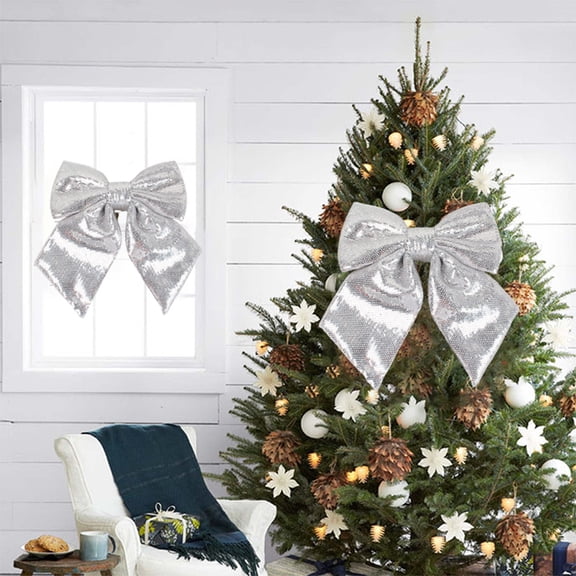 Needhep Christmas Pearl Cotton Large Bow Wreath Bow Christmas Tree Bow, Rustic Crafts Gift Bows, Christmas Bow Christmas Tree Decoration for Garland Wedding Party (Silver)