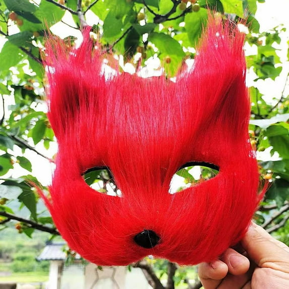 Needhep Mask Set Tail Cat Mask Furry Mask & 27 * 20 * 4cm Long Fox Tail Wolf Mask Keychain Half Face Masquerade Mask for Cosplay Fancy Party Cat Masks Masks made (Red)
