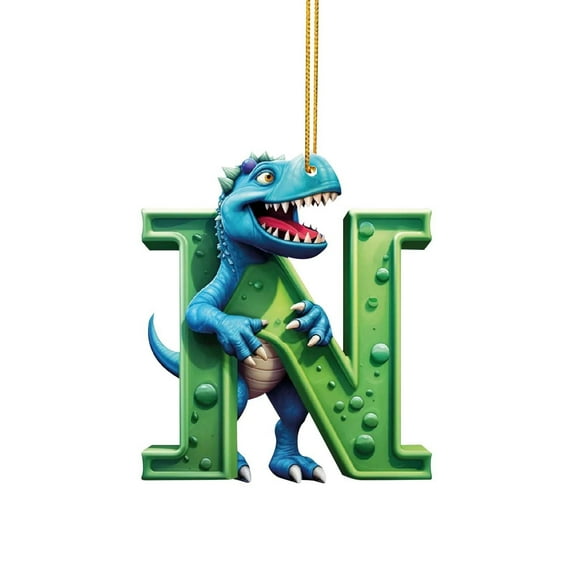 Needhep Personalized Dinosaur Christmas Ornament, Christmas Dinosaur 26 Letter Cartoon Pendant, 2034 Plastic Monogram Xmas Tree Decorations with Hanging Rope Unique Customized Funny Gift for Kids (N)