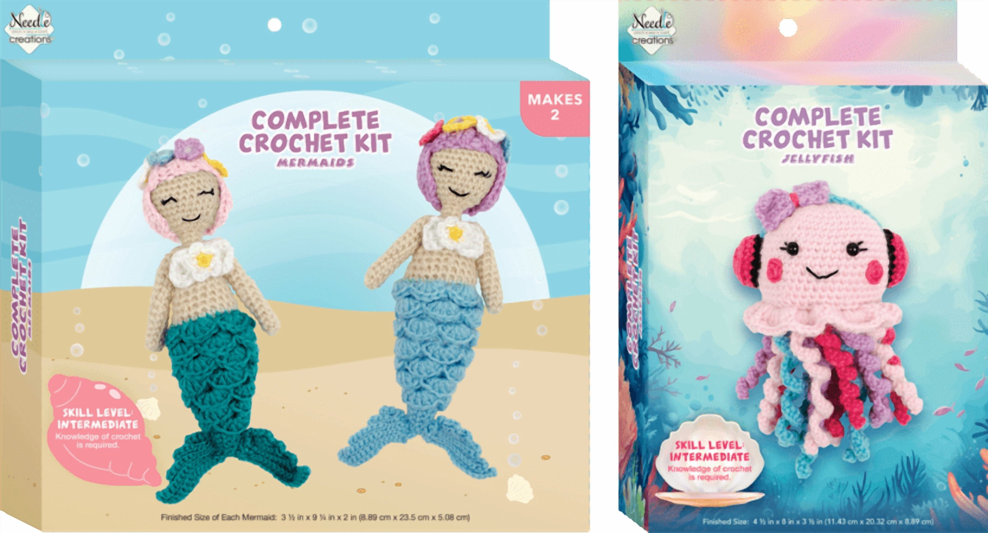 Needle Creations Intermediate Sealife Crochet Kits, 2 Mermaid and Jellyfish, Craft Crochet Kit with Instructions, 3 pack