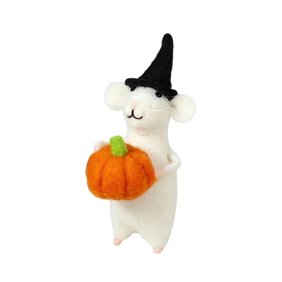 Needle Felt Mouse Halloween Figurine with Witch Hat and Pumpkin Handmade Wool Animal Tabletop Shelf Tiered Tray Decor