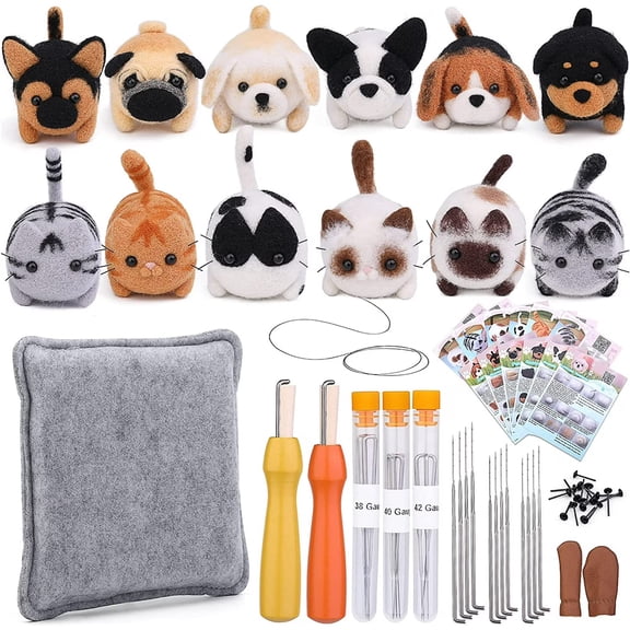Needle Felting Kit in 12 Pieces with Colorful Wool, Foam Mat, and Instructions for DIY Animal Crafts and Home Decor Projects