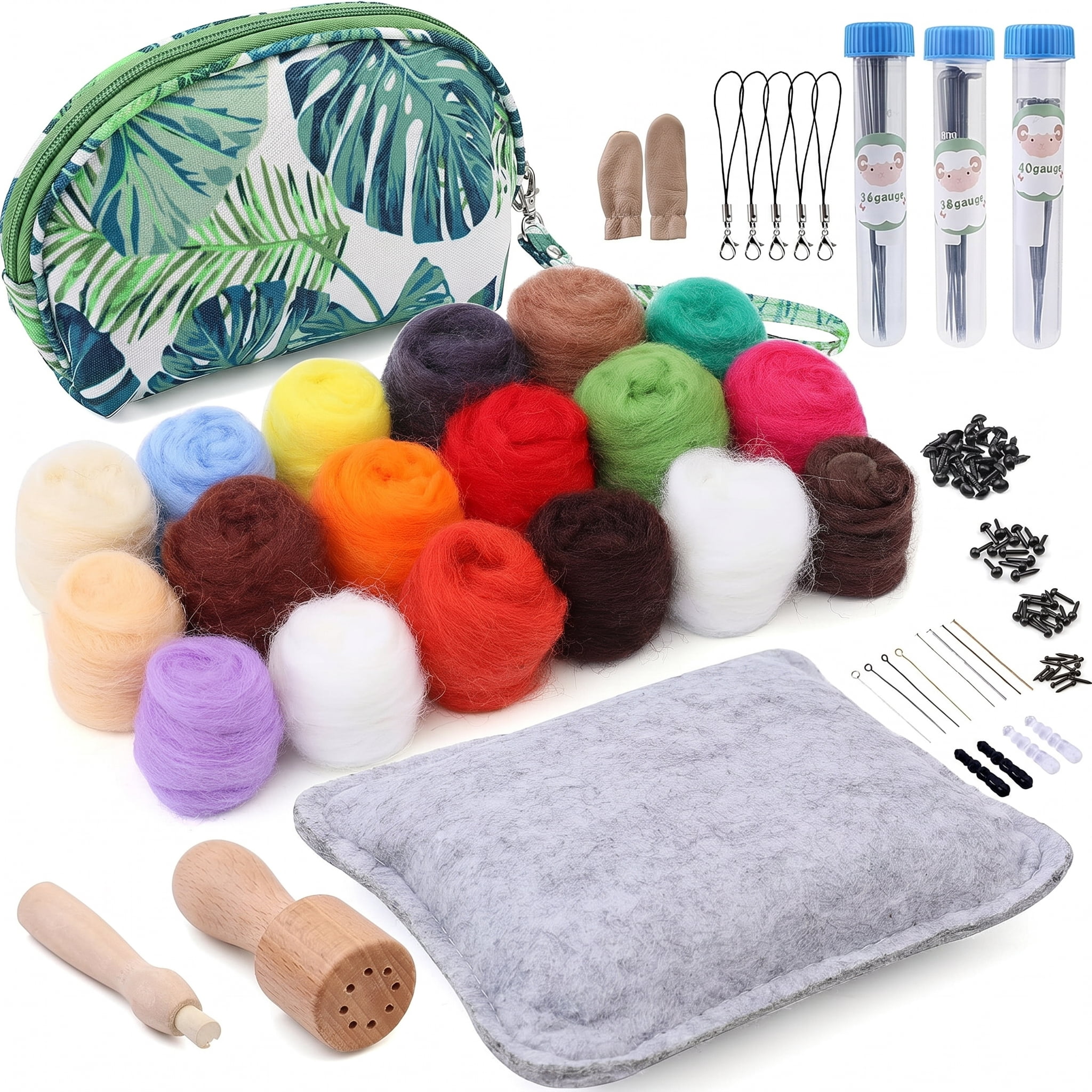 Needle Felting Starter Kit with Green Storage Bag, Wool Roving 18 Colors Set, Needle Felting Tools for Felted Animal, Wool Felt Supplies