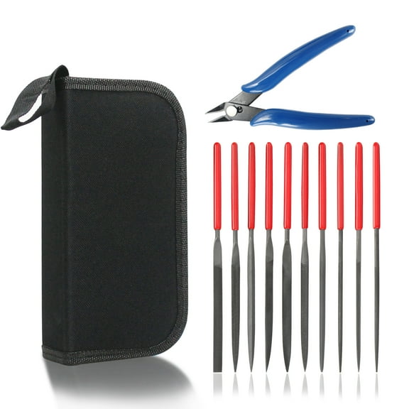 Needle File Set (10Pcs High Carbon Steel Files) and 1 Wire Cutter in A Carry Bag, File Tools for Soft Metal, Wood, Jewelry, Model, DIY, Hobby, etc.