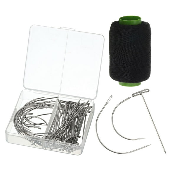 Needle and Thread Set for Weave, 70pcs - T Pins & C Curved Needle with Black Thread for Modelling Crafts (Silver)
