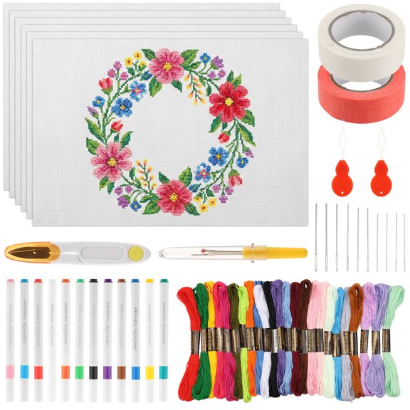 Needlepoint Canvas Starter Kit Include 6pcs 18ct Blank Canvas Thread Marker Tape Needle Scissor Threader and Thread Remover for Needlepoint and Cross Stitch Projects
