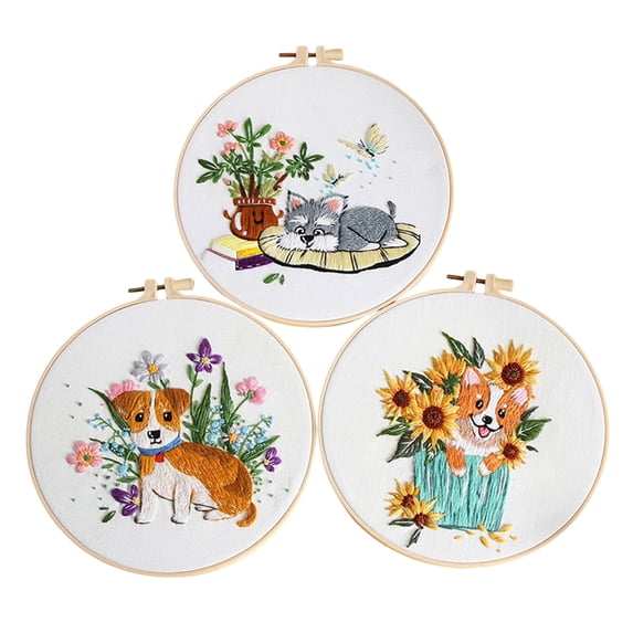 Needlepoint Kit, Cross Stitch Supplies, Embroidery Kit, Embroidery Kit for Beginners, Dog Flower Pattern Embroidery Practice Kits | Hand Embroidery Kit, Easy to Follow Instruction, C